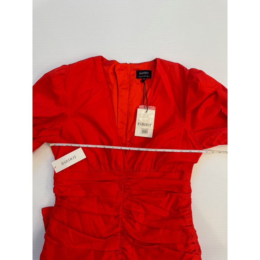 Bardot The Amie Red Ruched Mini Dress Puff Sleeve Ruffle Hem NWT L 10 Cotton - Picture 11 of 16